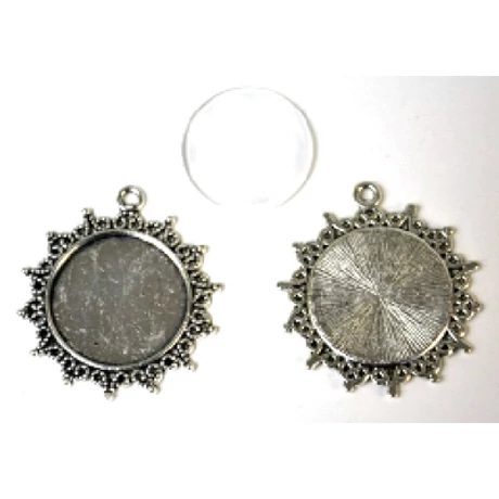Medál kör antik ezüst színű, napsugár + 25 mm lencse